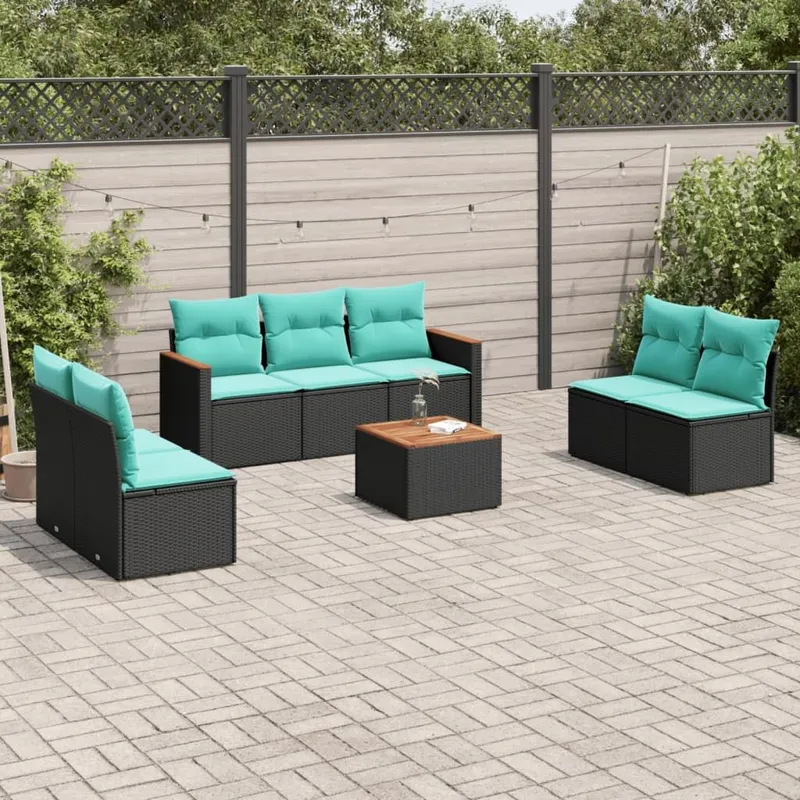 8-teiliges Gartensofa-Set mit Kissen, schwarzes Polyrattan