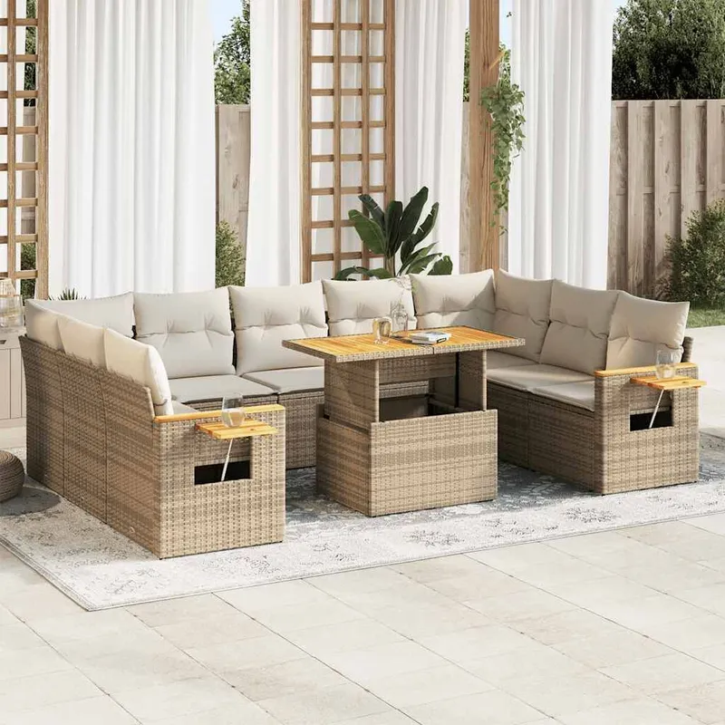 10-tlg. set divano da giardino con cuscini Beige Poly Rattan Akazie