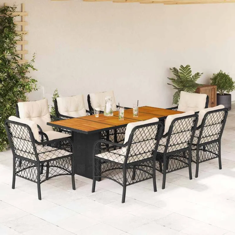 9-tlg. Garten-Essgruppe mit Kissen black Poly Rattan