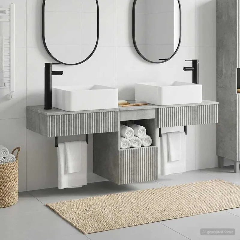 Badezimmermöbel-Set 3 stk. Betongrau Holzwerkstoff