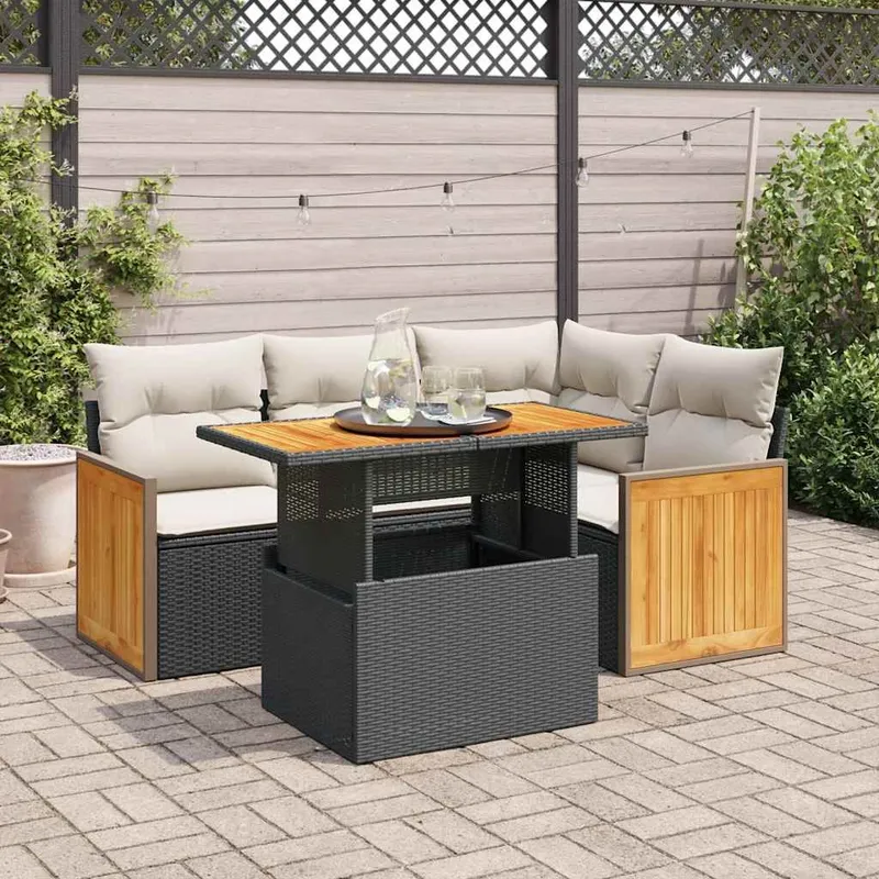 5tlg. garden sofa set with cushions black Poly Rattan Akazie