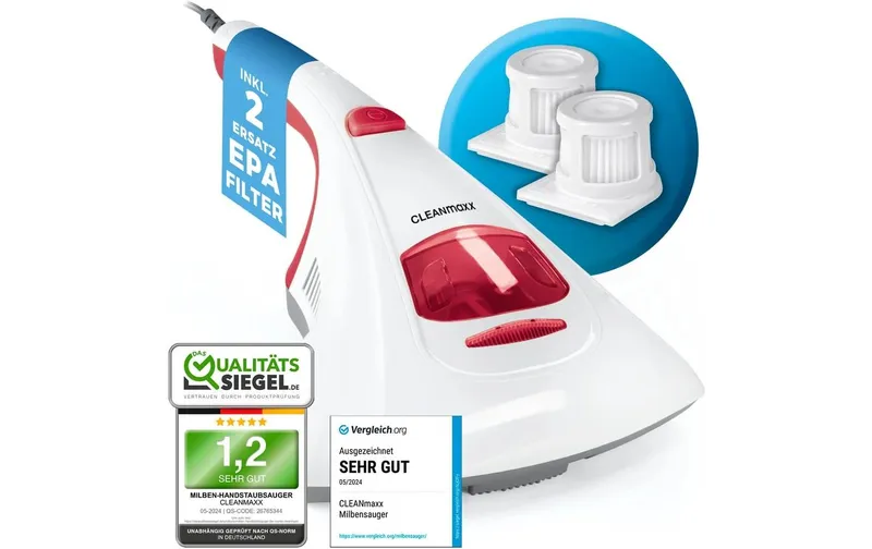 CLEANmaxx Milben-Handstaubsauger mit UV-C-Licht 300W, blanc/rouge