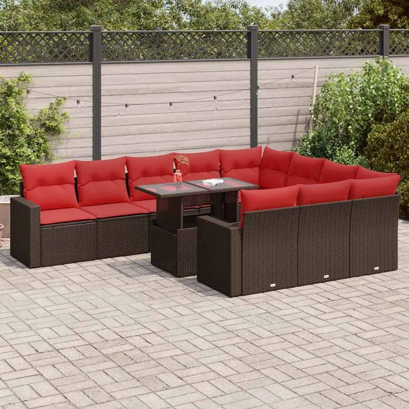 11-tlg. Garten-Sofagarnitur mit Kissen Braun Poly Rattan Akazie