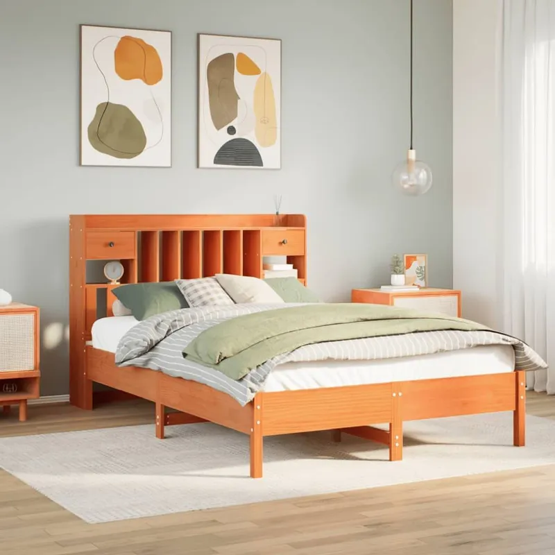 letto in legno massiccio con scaffale senza materasso marrone cerato 135x190 cm
