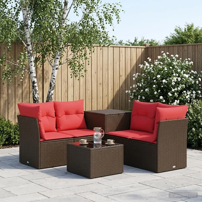 Sofa Set 6 stk. Braun und Rot Polyrattan und Stahl