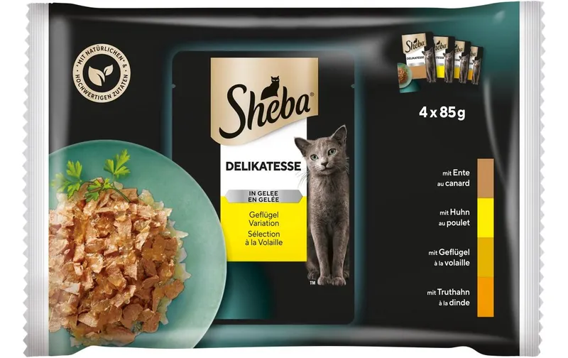 Sheba Nassfutter Delikatesse Gelee Geflügel Variation, 4 x 85g