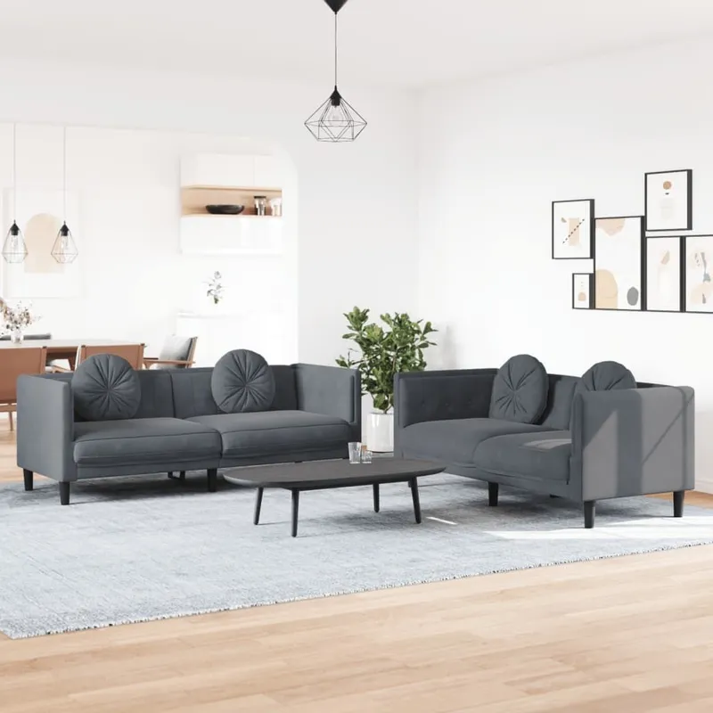 2 pz. set divano con cuscini grigio scuro velluto