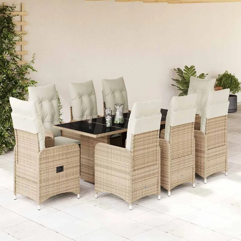 9 pz. Garten-Bistro-Set con cuscini beige Poly Rattan