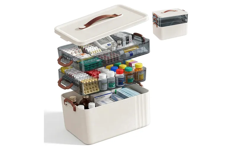 relaxdays Medizinbox aus Kunstfabric transparent/white 24 x 33 x 22 cm