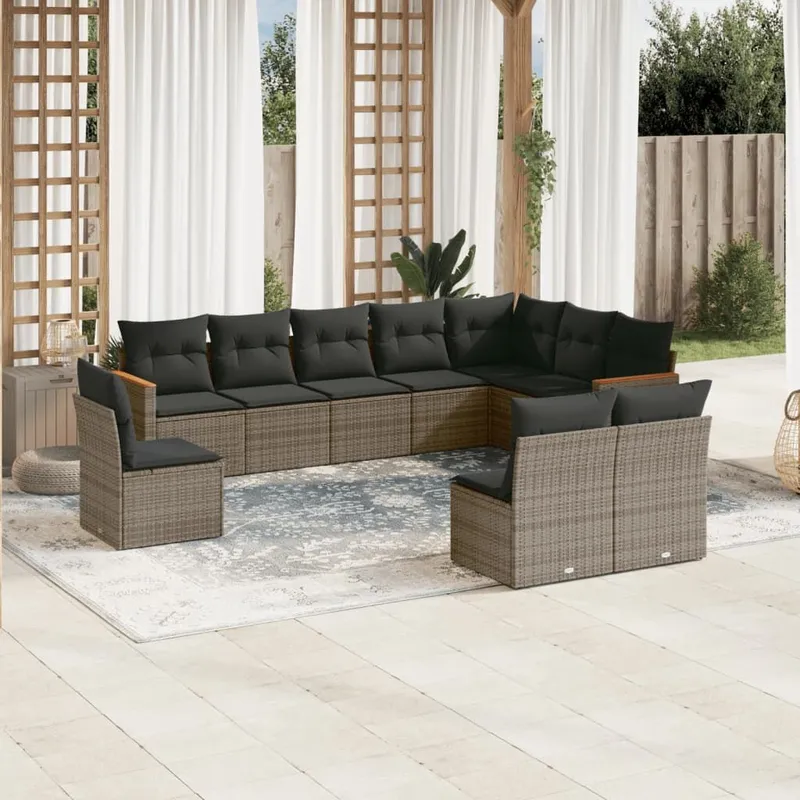 10-tlg. set divano da giardino con cuscini grigio Poly Rattan