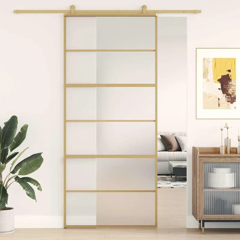 Porte coulissante doré 90x205 cm verre ESG dépoli et aluminium