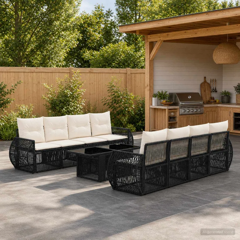 Gartensofa-set 9 stk. Schwarz und Cremeweiß Poly-Rattan