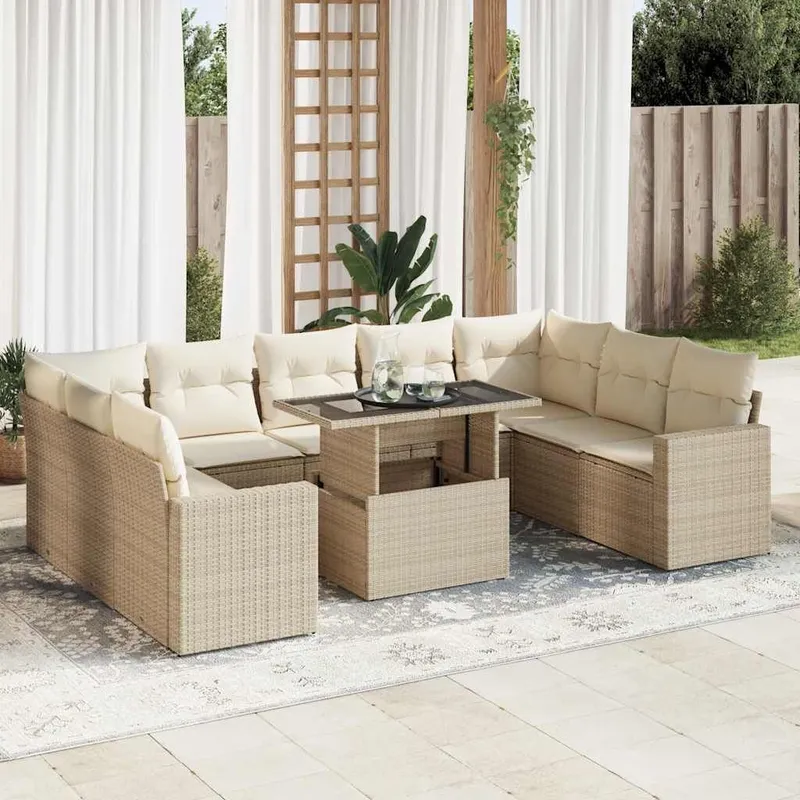 10-tlg. garden sofa set with cushions Beige Poly Rattan