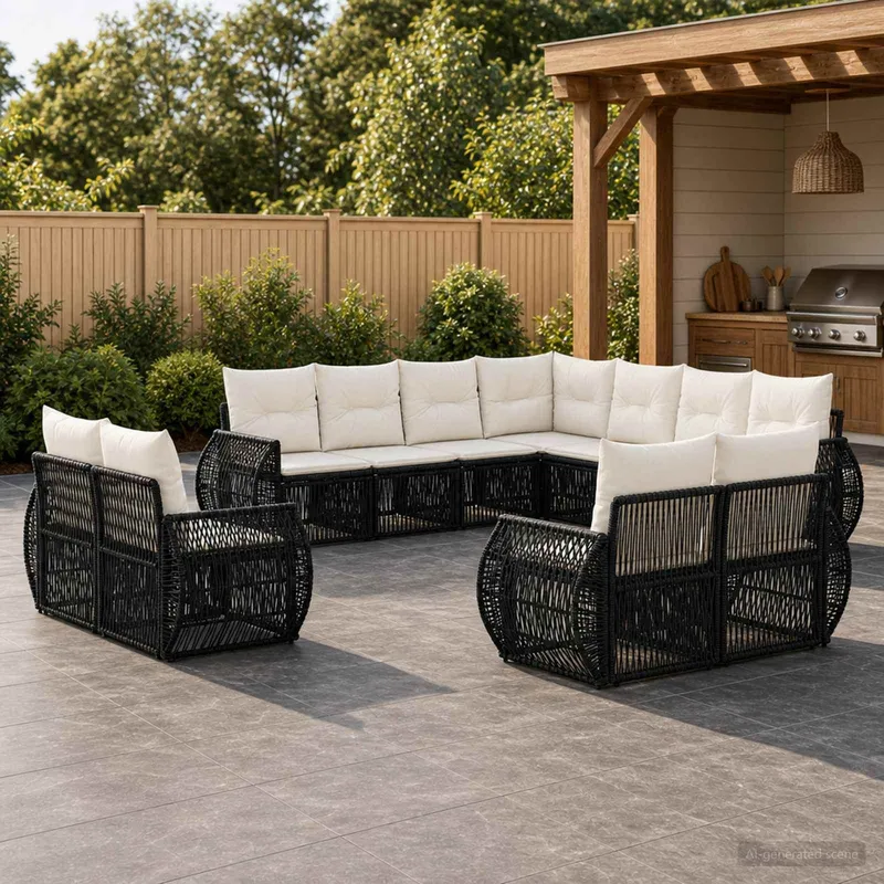 Gartensofa-set 11 stk. Schwarz und Cremeweiß Poly-Rattan