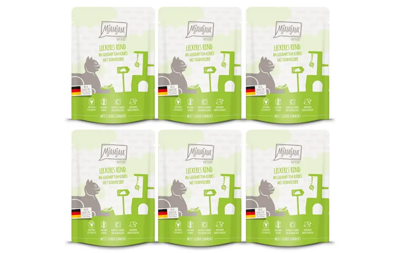 Mjamjam Nassfutter Quetschie Rind & Kürbis, 6 x 300 g