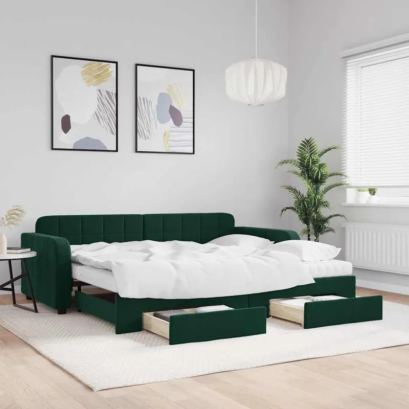 divano letto Ausziehbar con cassetti verde scuro 90x200 cm velluto