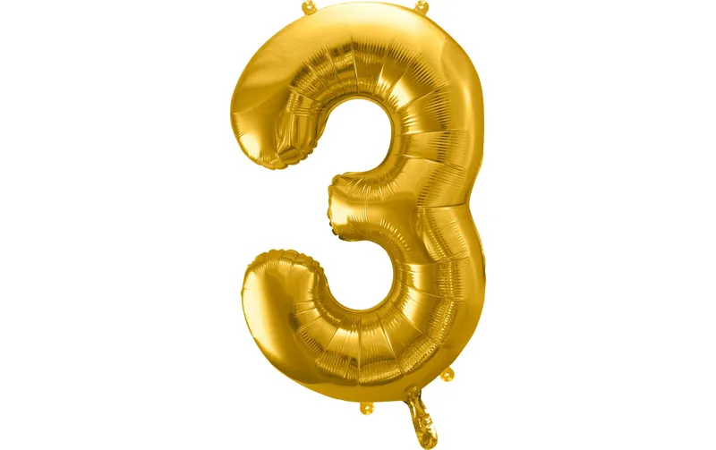 Partydeco Folienballon Zahl 3 gross 86 cm, gold, 1 Stück