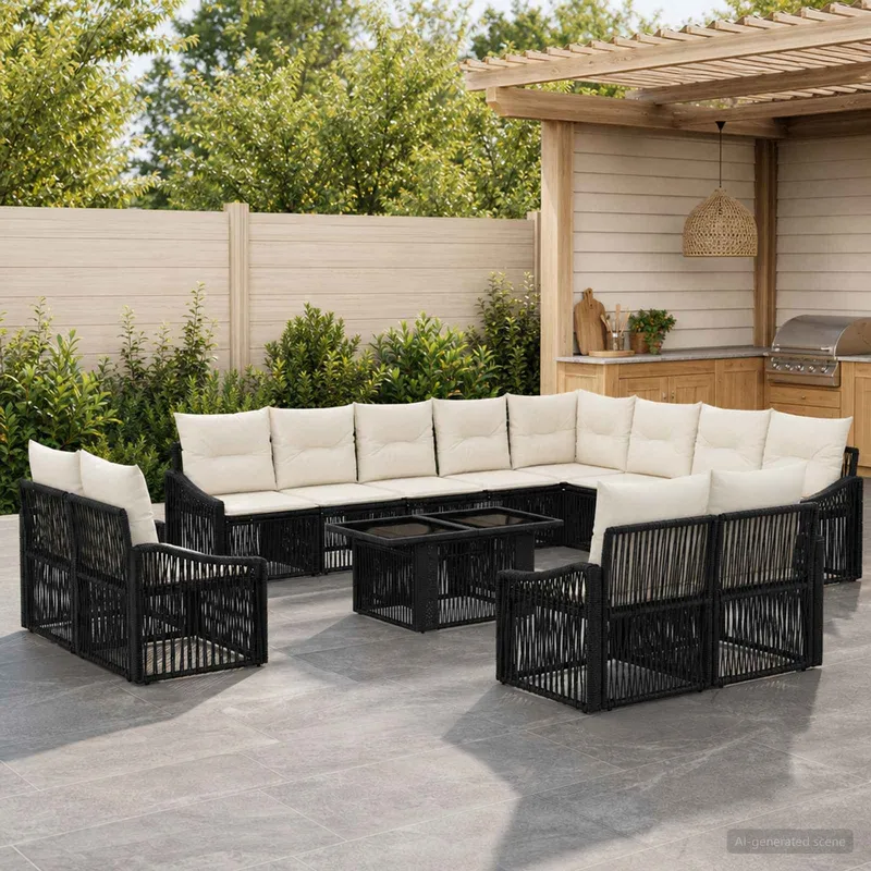 set divano da giardino 13 pz. nero e bianco crema polyrattan