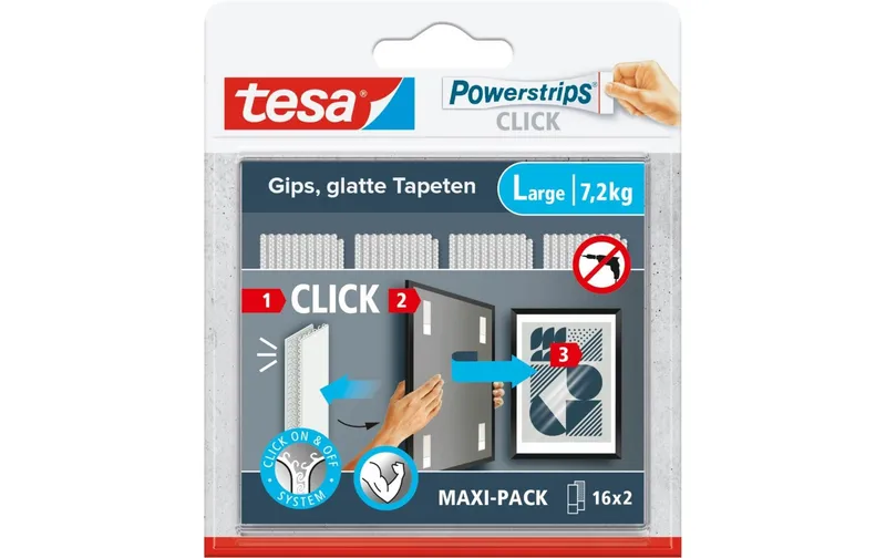 tesa Powerstrips CLICK Grandes Pastilles Adhésives, 16 paires, 7,2 kg