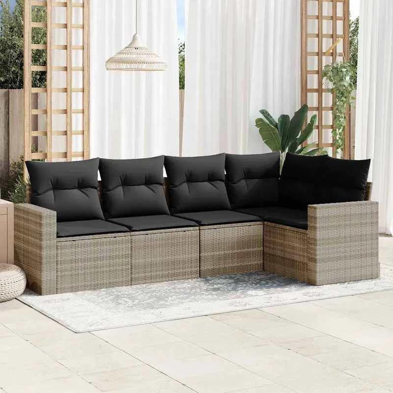 5-tlg. set divano da giardino con cuscini Hellgrau Poly Rattan