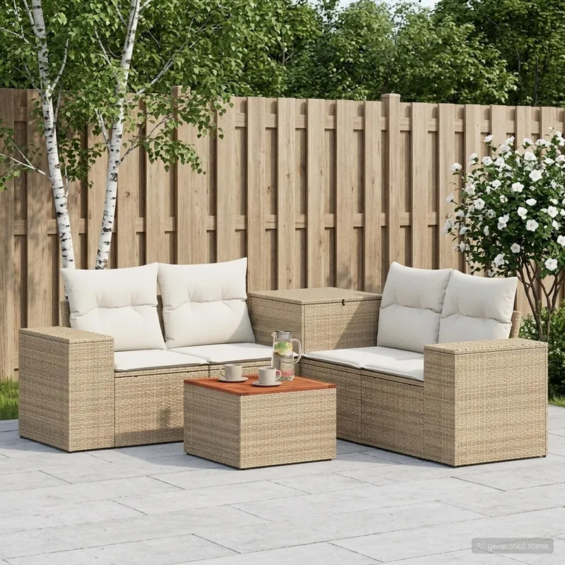 sofa Set 6 pcs beige and cream white polyrattan and steel