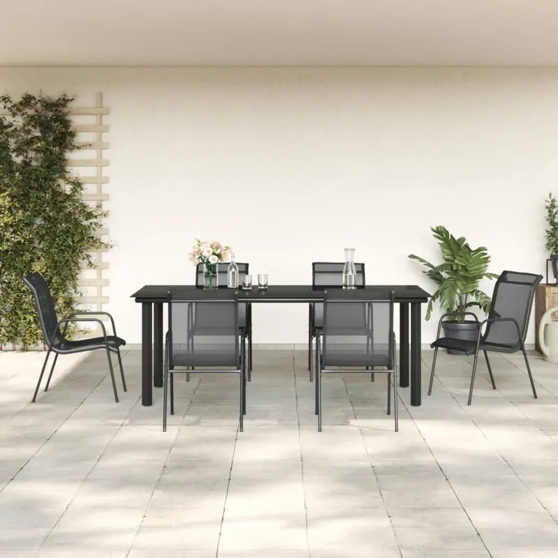 7-tlg. Garten-Essgruppe Schwarz Stahl und Textilene