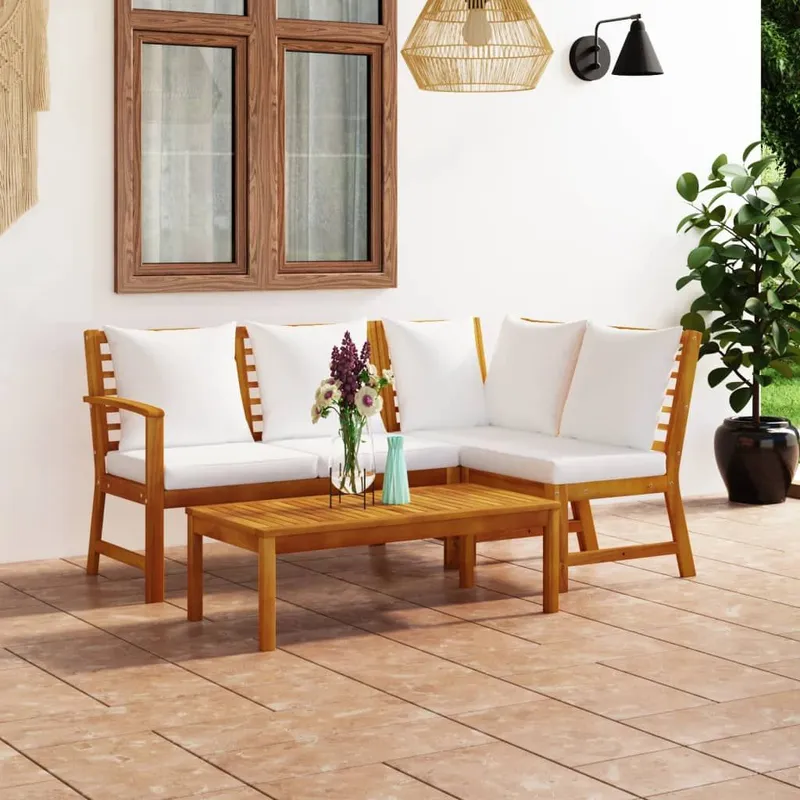 4-tlg. Garten-Lounge-Set mit Auflagen Creme Massivholz Akazie