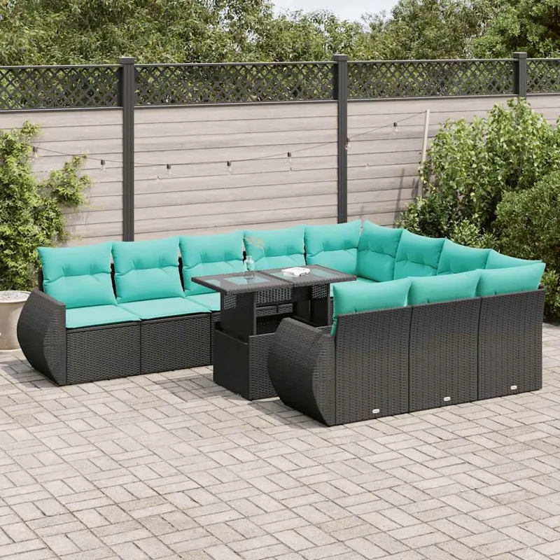 11-tlg. Garten-Sofagarnitur mit Kissen Schwarz Poly Rattan