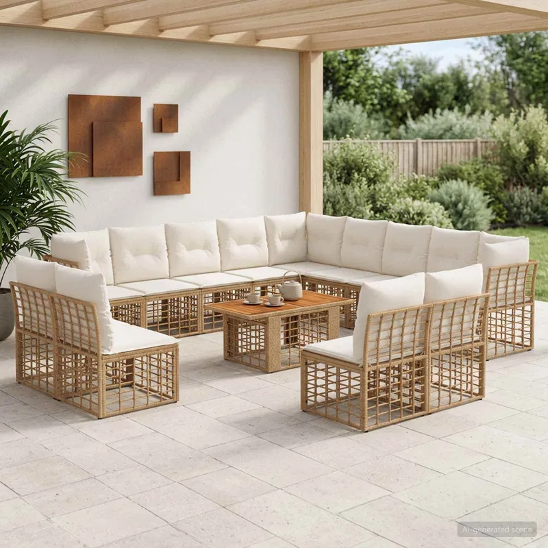 Gartensofa-set 14 stk. Natürlich und Cremweiß Poly-Rattan