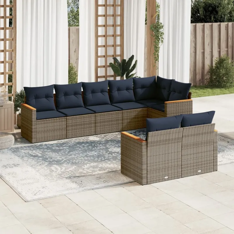 8-teiliges Gartensofa-Set mit Kissen, grau, Polyrattan