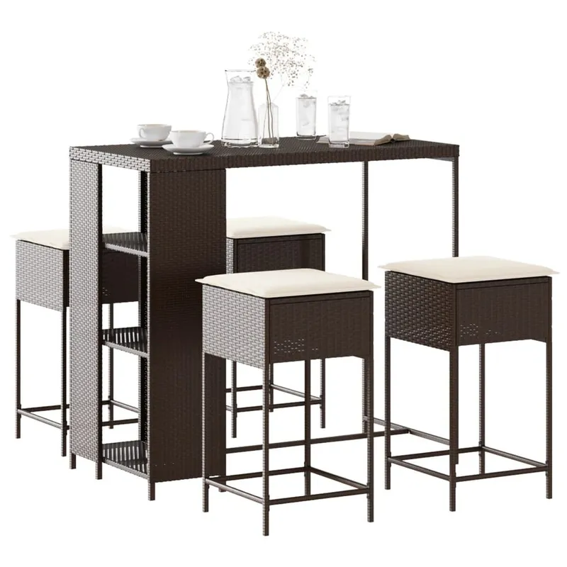 5-tlg. Gartenbar-Set mit Kissen marrone Poly Rattan