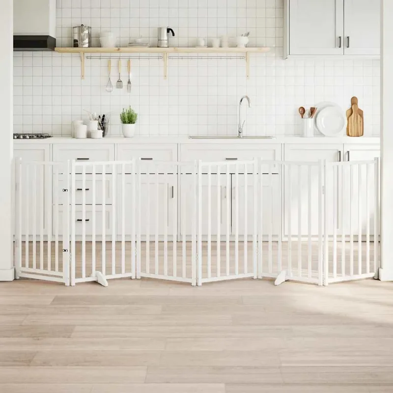 6-tlg. Hundetor mit Tür Faltbar white 300 cm Massivholz Tanne