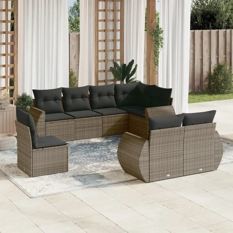 8-tlg. set divano da giardino con cuscini grigio Poly Rattan