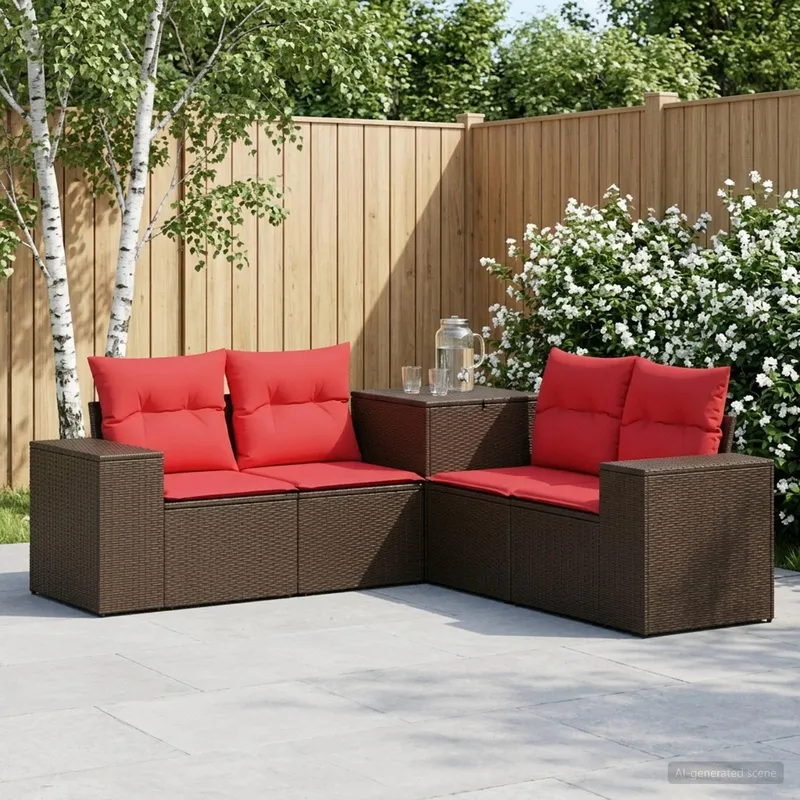 Sofa Set 5 stk. Braun und Rot Polyrattan und Stahl