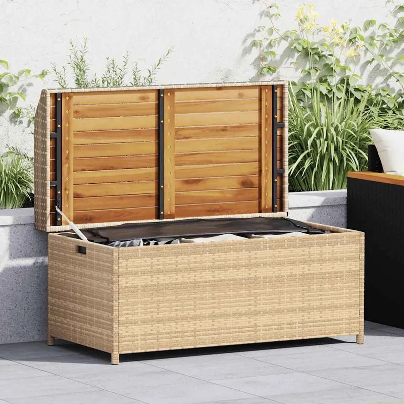 Bank con spazio di stoccaggio beige 100x50x52 cm Poly Rattan legno di acacia
