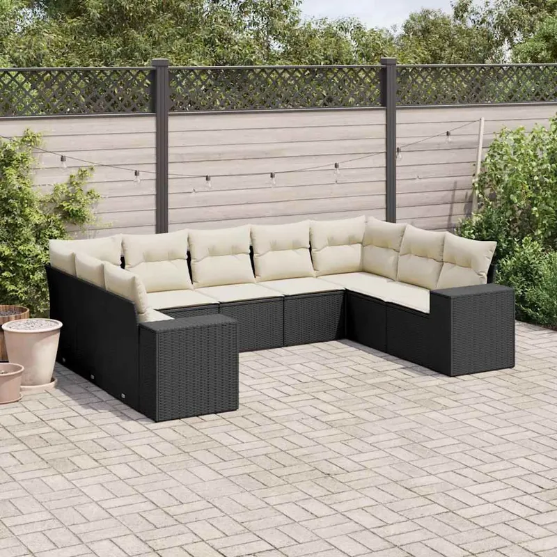9-tlg. set divano da giardino con cuscini nero Poly Rattan