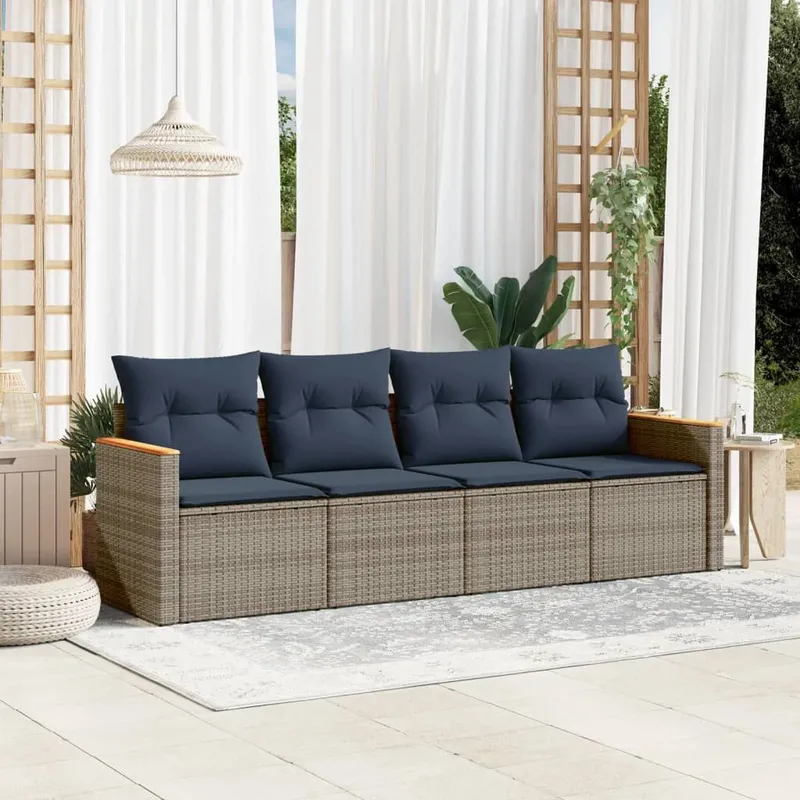 4-teiliges Gartensofa-Set mit Kissen, grau, Polyrattan