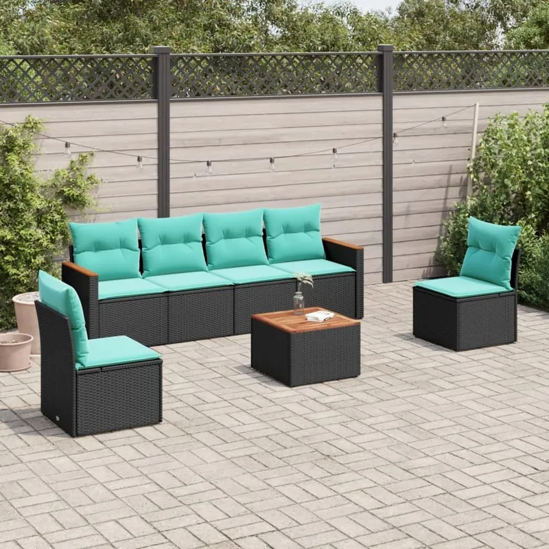 7 pezzi set divano da giardino con cuscini, nero polyrattan