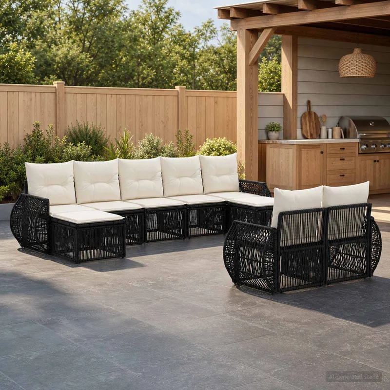 Gartensofa-set 9 stk. Schwarz und Cremeweiß Poly-Rattan