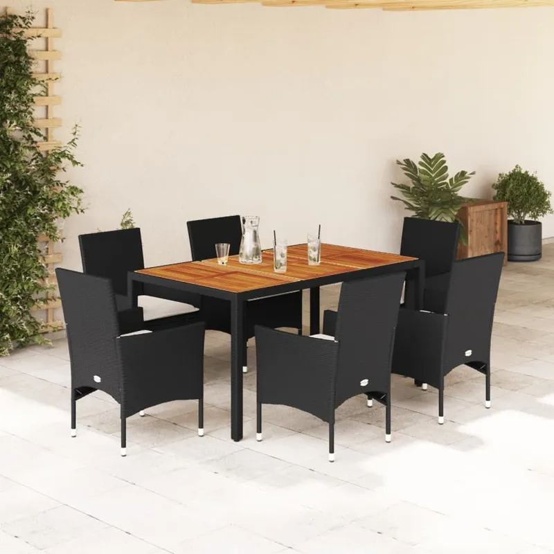 7-tlg. Garten-Essgruppe mit Kissen nero Poly Rattan Akazie