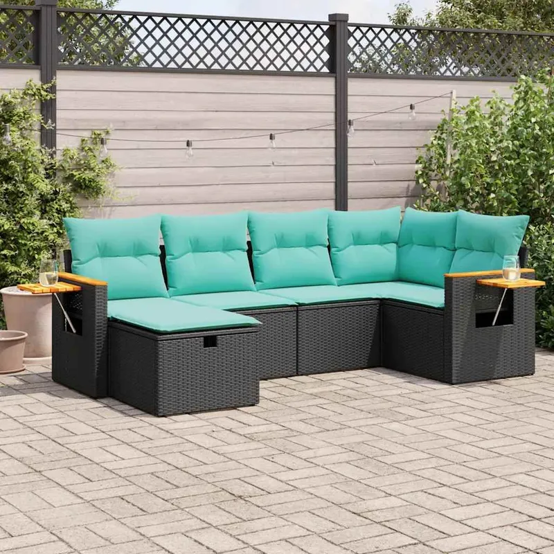 6-tlg. set divano da giardino con cuscini nero Poly Rattan