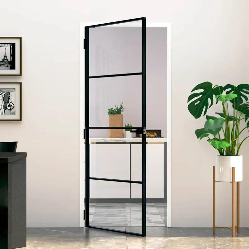Porte d'intérieur Noir 83x201,5 cm Trempé verre aluminium fin