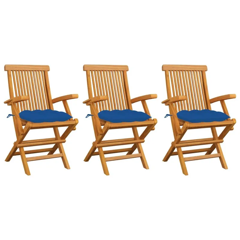 Klappstühle mit blauen Kissen, 3-teilig, Massivholz Teakholz