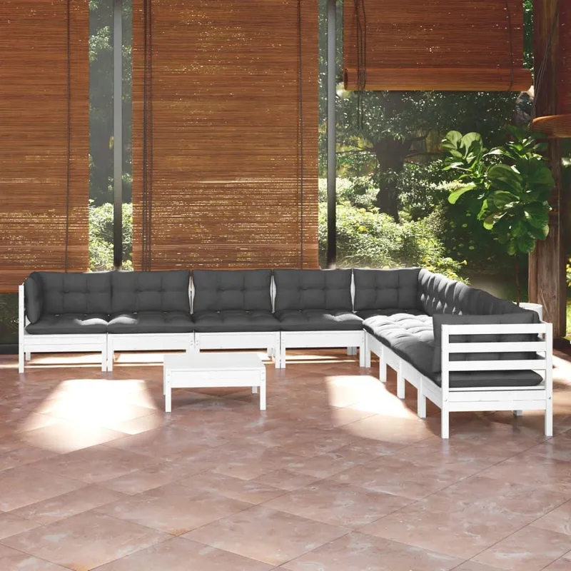 Salon de jardin 10 pcs avec coussins blanc bois de pin massif
