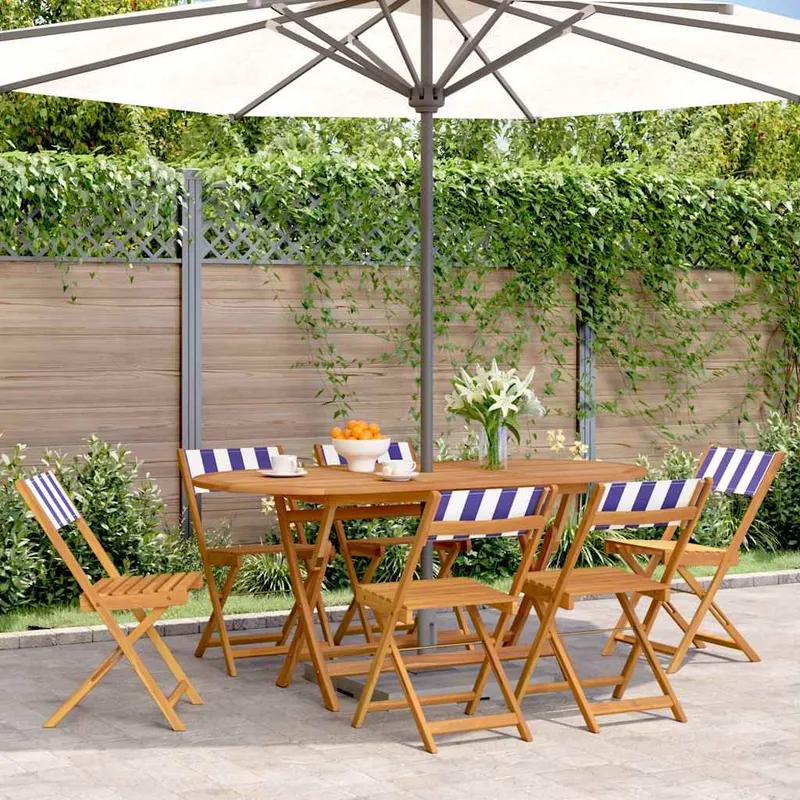 Chaises pliantes 6 pièces Tissu bleu et blanc et bois massif