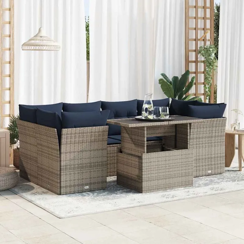 7-tlg. garden sofa set with cushions grey Poly Rattan Akazie