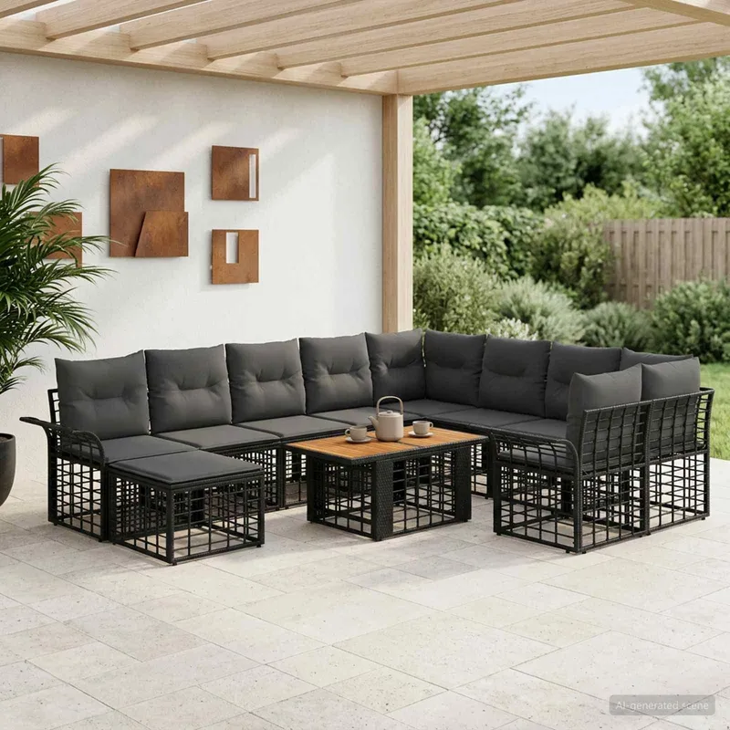 Gartensofa-set 11 stk. Schwarz und Dunkelgrau Poly-Rattan