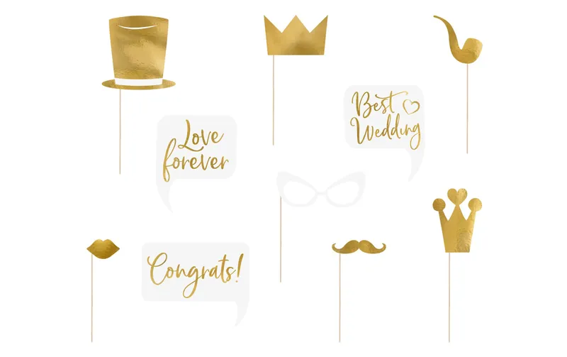 Partydeco Hochzeitsaccessoire Photo Booth Wedding Set 10-teilig, Gold