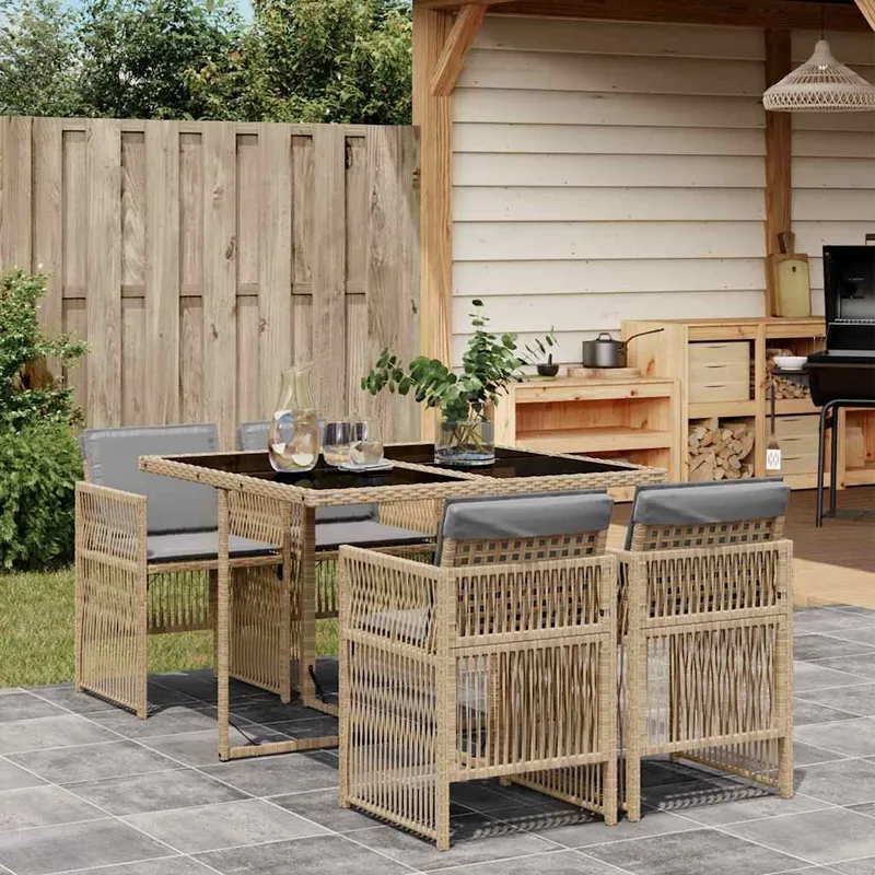 5 pz. set pranzo da giardino con cuscini Beigemischung Poly Rattan