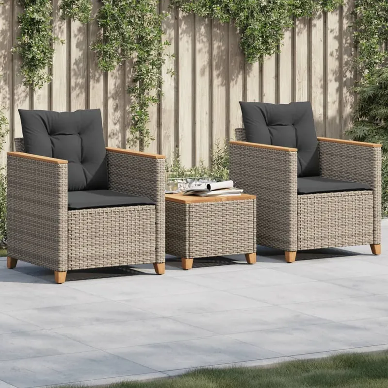 3-tlg. Bistro-Set mit Kissen grey Poly Rattan Akazienholz